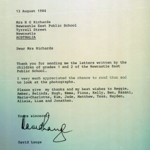 Letter from New Zealand Prime Minister David Lange