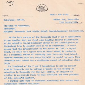 Letter from Principal Merv Hall regarding school history for 150th anniversary