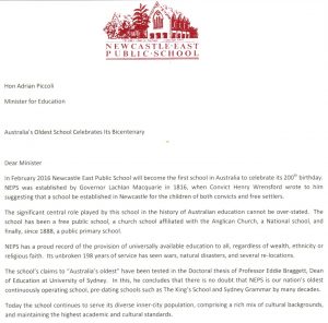 Letter to Minister Adrian Piccoli regarding bicentenary